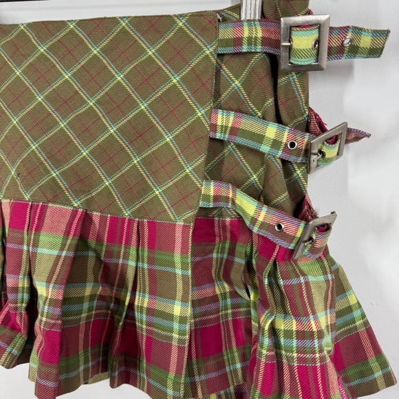 Billabong Y2K Plaid Mini Skirt Green Pink Size 5 Buckle Ruffle Festival - Picture 4 of 11